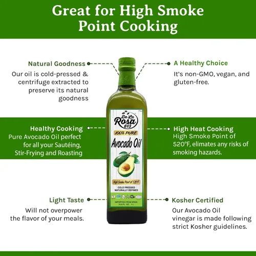 Vista 5 de De La Rosa Aceite de aguacate 100% puro, Kosher para Pascua, vegano, sin OMG y sin gluten, ideal para cocinar con alto punto de humo, primer aceite