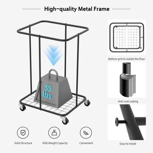 Vista 2 de Cestos grandes para la ropa sucia con tapa, cestas de tela Oxford, marco de metal y diseño de bolsa extraíble con ruedas, adecuadas para dormitorio