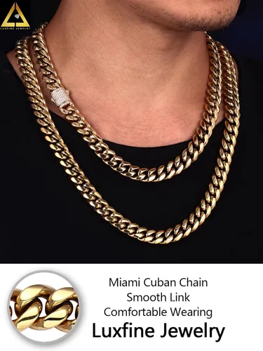 Vista 4 de Cadena de eslabones cubanos Miami de 10/12mm, chapado en oro real de 14 quilates, collar de acero inoxidable de alta calidad, joyería hip-hop