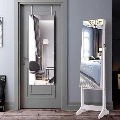 Vista 7 de LVSOMT 8 LED Organizador de joyas con espejo de cuerpo completo, armario de almacenamiento montado en la paredpuerta joyero con cerradura con 2