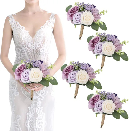 Vista 19 de Ramo de dama de honor artificial para boda, ramo de flores de seda prefabricadas de 7 pulgadas, ramo de flores pequeñas para dama de honor