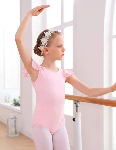Vista 5 de Domusgo Leotardos de gimnasia de ballet con mangas con volantes para niñas y adolescentes, color rosa, negro y morado, Púrpura