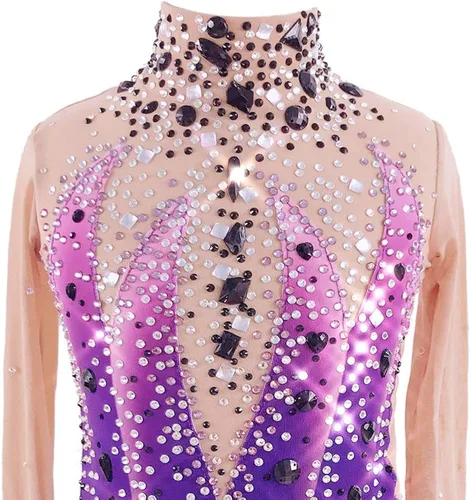 Vista 2 de Patinaje Artístico Vestido Niñas Púrpura Spandex Competición Falda Calidad Cristales Patinaje Disfraces