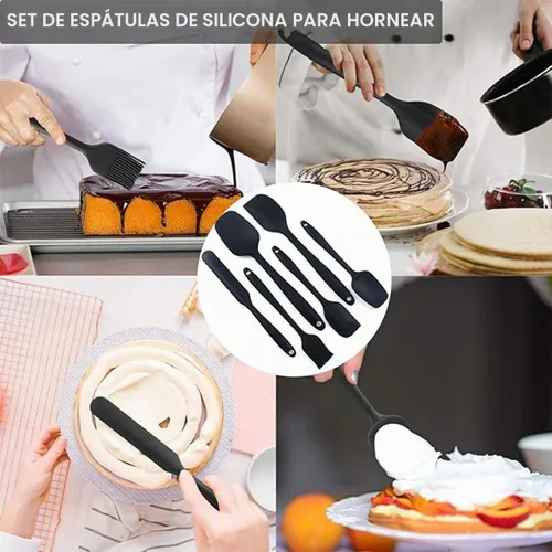 Vista 7 de Juego de espátulas de silicona resistente al calor, espátula de goma de grado alimenticio, 6 piezas, color negro Negro (balck)