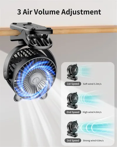 Vista 5 de GOTOTO Ventilador de clip, ventilador pequeño personal portátil recargable con batería de 2000 mAh, potente diseño de clip, 3 velocidades de viento