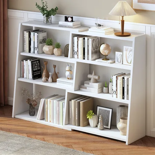 Vista 13 de IOTXY Estantería de madera extensible – Estantería con 3 niveles en escalera, baja y corta, para espacios pequeños o esquinas, negra, L Negro