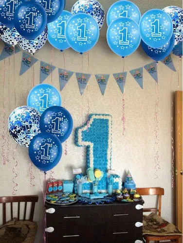 Vista 5 de BEISHIDA Globos de confeti de cumpleaños para el primer niño, decoraciones de primer cumpleaños, globos grandes de látex de 12 pulgadas, globos