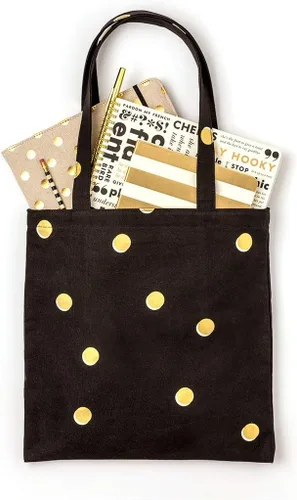 Vista 4 de kate spade new york Bonita bolsa tote de lona para mujeres, bolsa de playa de lona negra, bolsa para libros con bolsillo, puntos dispersos