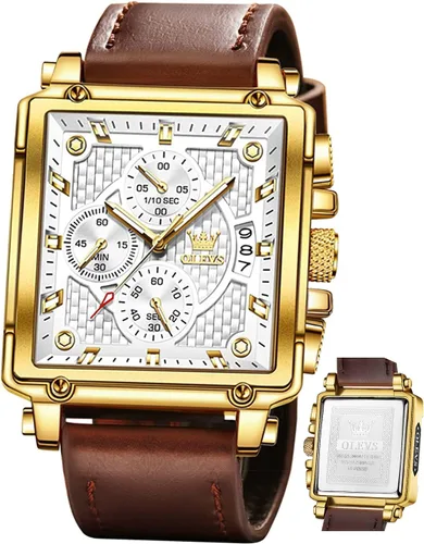 Vista 14 de OLEVS Relojes cuadrados para hombre, cronógrafo de cuero marrón, reloj de negocios de moda, luminoso, impermeable, relojes de pulsera casuales