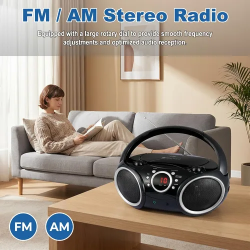 Vista 4 de SINGING WOOD 030C Reproductor de CD portátil Boombox AM FM Radio de sintonización analógica, línea auxiliar, conector para auriculares, asa