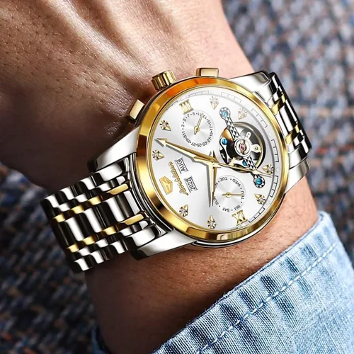 Vista 6 de JSDUN Relojes para hombre automático de cuerda automática, reloj de pulsera mecánico, multicalendario, acero inoxidable, mes, fecha, semana