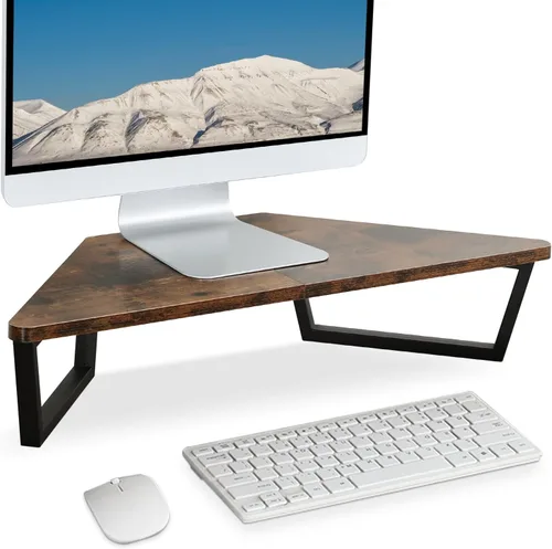 Vista 9 de TEAMIX Soporte de monitor triangular de 26 pulgadas, estante de esquina de escritorio con patas de metal, soporte de computadora de madera