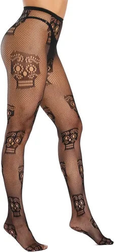 Vista 2 de Benefeet Sox Medias de red negras de cintura alta para mujer, medias de malla sexy con patrón blanco, calaveraflorcorazón