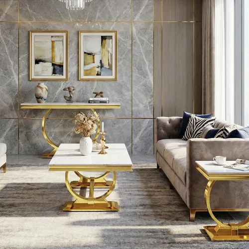 Vista 9 de Asday Mesa de centro dorada y blanca, mesa de centro rectangular de mármol dorado, mesa central elegante de lujo para sala de estar, pasillo