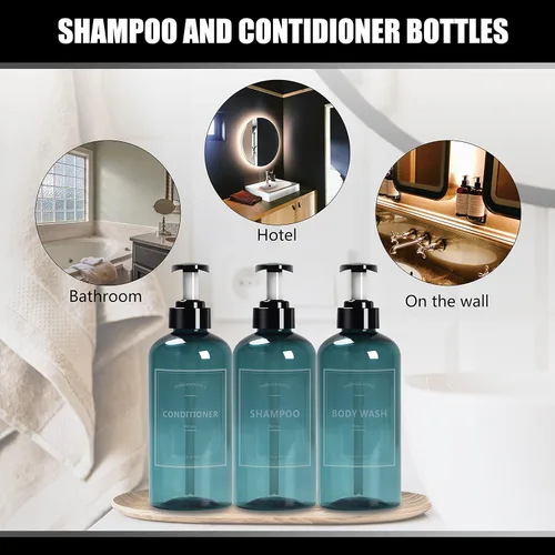 Vista 7 de Botellas de champú con bomba, 3 unidades, 16.9 onzas, color azul Azul transparente