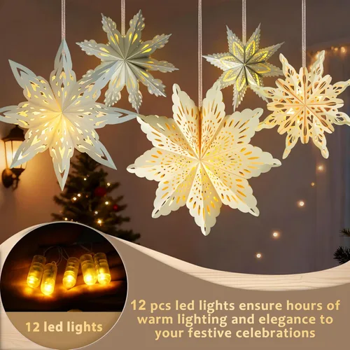 Vista 4 de 12 piezas de linternas de copo de nieve de papel de Navidad, linternas de estrella de papel de Navidad 3D con luces LED, lámparas colgantes de copo