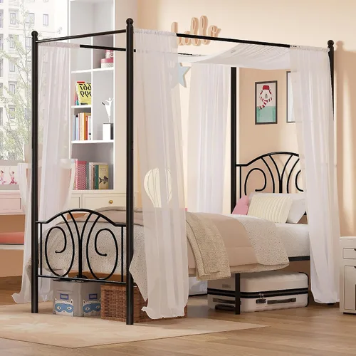 Vista 5 de VECELO - Marco de cama con dosel doble, cabecera vintage con voluta, color negro mate Twin canopy bed frame, Scrollwork metal headboard, Sturdy