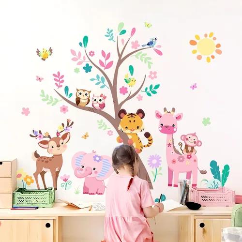 Vista 7 de Supzone Calcomanías de pared de árbol de animales de la selva, elefante rosa, jirafa, calcomanías de pared para niños y niñas, dormitorio, sala