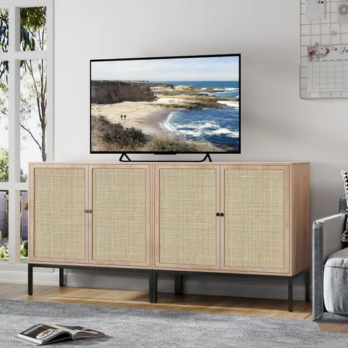 Vista 14 de Brafab Aparador negro con puertas decoradas de ratán natural, 31.5 pulgadas de ancho, armario de almacenamiento de ratán Credenza, gabinete bohemio