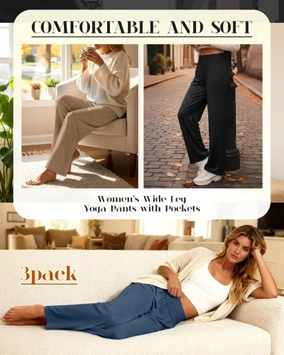 Vista 58 de Neer - Conjunto de 3 pantalones de yoga de pierna ancha para mujer - Pantalones deportivos cómodos, holgados, de cintura alta y casuales