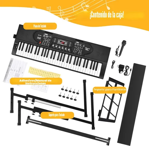 Vista 7 de Piano de teclado de 61 teclas con soporte, kit de teclado de piano eléctrico portátil para principiantes con soporte, micrófono, calcomanías