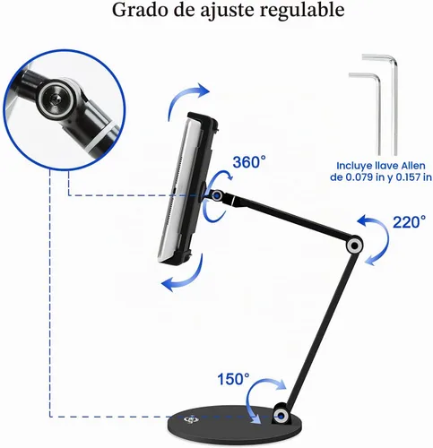 Vista 2 de KABCON Soporte para tableta, ajuste ajustable giratorio de 360°, multiángulo, nivel de ojo, de aluminio, sólido, brazo largo, para iPad Series