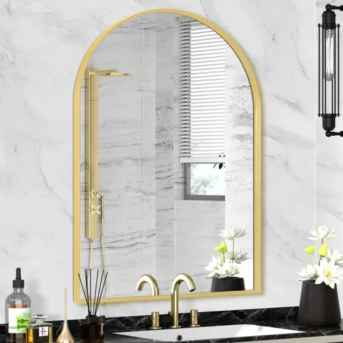 Vista 49 de Espejo arqueado negro de 16" x 20", espejo de pared para baño con arco, espejo de tocador de baño con marco de metal y parte superior arqueada
