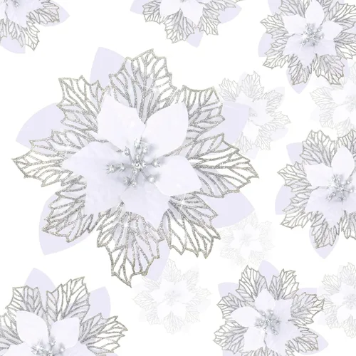 Vista 12 de Geosar 24 piezas de flores de Pascua con purpurina para Año Nuevo, flores artificiales en capas, adornos para árbol de boda y Año Nuevo, 3/4/6 Azul