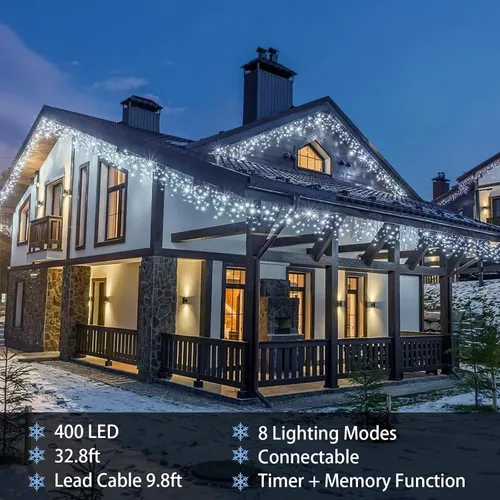 Vista 3 de Luces de cadena LED de carámbanos de 32.8 pies con 400 LED, 8 modos impermeables, luces navideñas de carámbanos para exteriores con función