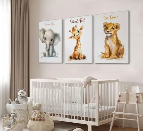 Vista 4 de 3 piezas de lienzo de safari para guardería, arte de pared para niños, lindo animal inspirador, león, jirafa, elefante, pintura, imagen, decoración