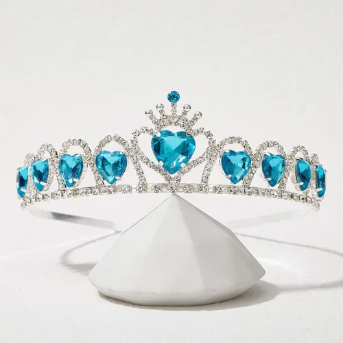 Vista 4 de SWEETV Tiara de princesa azul, regalo de tiara de cumpleaños, corona de cristal en forma de corazón, accesorio para disfraz de Elsa