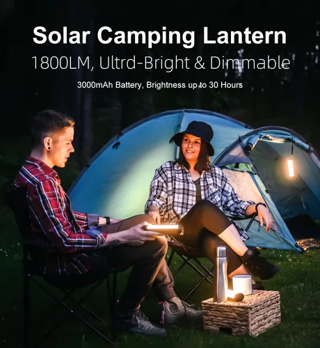 Vista 2 de Linterna solar para campamento, 1800 lúmenes, 13 modos de luz, batería de 3000 mAh, impermeable IP66, luces LED recargables para huracán