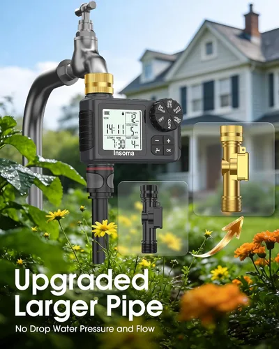 Vista 2 de Insoma Temporizador de agua WiFi para manguera de jardín, temporizador inteligente de aspersores, control remoto por aplicación, temporizadores