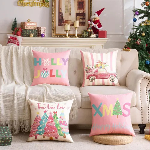 Vista 5 de Fundas de almohada de Navidad rosas 18x18 Juego de 4 fundas de almohada de Navidad, fundas de almohada de Navidad para sofá, sofá cama, silla