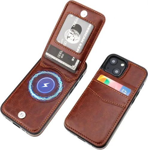 Vista 16 de KIHUWEY Funda compatible con iPhone 13 Mini con soporte para tarjeta de crédito, cierre magnético de cuero de alta calidad, resistente funda Negro