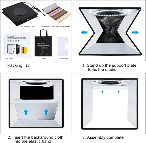 Vista 8 de PULUZ Caja de luz de estudio fotográfico de 10 x 10 pulgadas, caja de carpa de fotografía plegable portátil, pequeña caja de luz para tomas lightbox