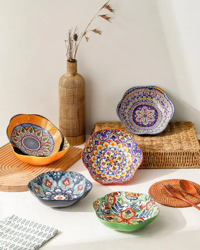 Vista 3 de HENXFEN LEAD Juego de 6 cuencos de cerámica coloridos de 20 onzas para sopa y cereales, cuencos bohemios para ensalada, pasta, aperitivos