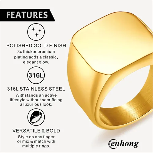 Vista 3 de Anillo de motero enhong, sello, anillo de acero pulido sólido, para hombre, ideal como regalo, tamaño de 17-38cm, color oro, negro o plata