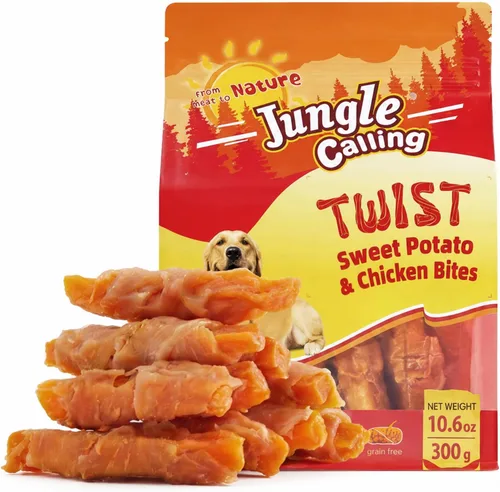 Vista 13 de Jungle Calling Golosinas de pollo y batata para perros, masticables suaves