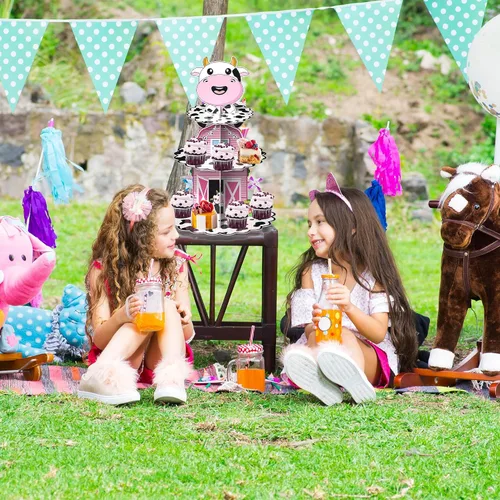Vista 7 de Holy Cow I'm One Birthday Decor – Soporte de cartón con estampado de vaca de 3 niveles para fiesta de primer cumpleaños, soporte para cupcakes