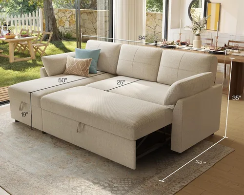 Vista 2 de AMERLIFE Sofá cama, sofá cama 2 en 1 con diván de almacenamiento, sofá extraíble para sala de estar de apartamento, color beige lino