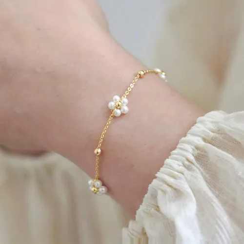 Vista 2 de Pulsera de oro para mujer, chapada en oro de 14 quilates, con cuentas de margaritas y perlas de tenis, joyería simple