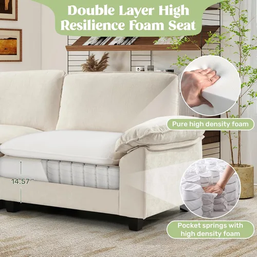 Vista 5 de Sofá modular modular de 118 pulgadas, cómodo sofá seccional de chenilla de 3 asientos para sala de estar, dormitorio y apartamento, color beige Pana