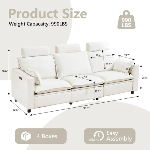 Vista 3 de Sofá reclinable eléctrico de gran tamaño, sofá reclinable de chenilla blanco crema con reposacabezas ajustable, almohadas, juego de muebles