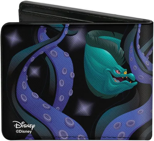 Vista 2 de Buckle-Down Billetera Disney para hombre, plegable, tentáculos de natación Flotsam Jetsam negro morado, cuero vegano, Úrsula de la Sirenita, 4.0 x