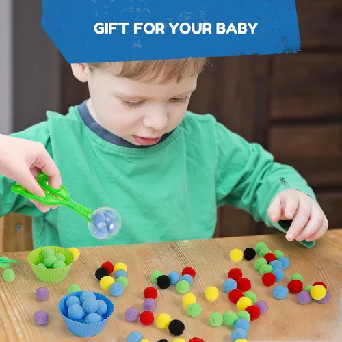 Vista 6 de 170 piezas de relleno sensorial de habilidades motoras finas que incluyen 12 cuencos de clasificación, 150 pompones, 6 pinzas, 2 tijeras para niños