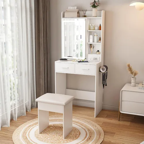 Vista 24 de Montary Mesa de tocador de maquillaje de 39 pulgadas con espejo iluminado con pantalla táctil, tocador de madera de goma con cajón grande