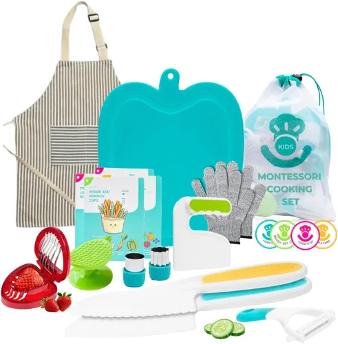 Vista 9 de Tovla Jr. Ultimate Montessori - Juego de regalo de cocina para niños, cuchillo real, picador, guantes de seguridad, pelador, cortadores, tabla