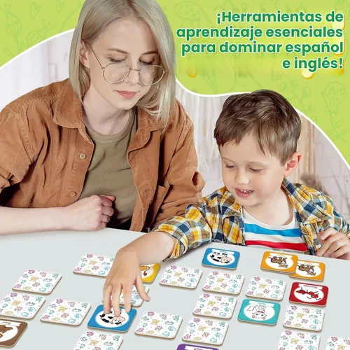 Vista 7 de Edulok Juego de tarjetas de memoria, juego de partidos para niños pequeños, aprender español para niños, tarjetas flash bilingües, juguetes