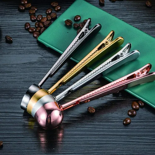 Vista 5 de Cuchara de café con clip de cucharada de acero inoxidable Cuchara de café con mango largo multifunción Bolsa de sellado Clip para té, café, proteína